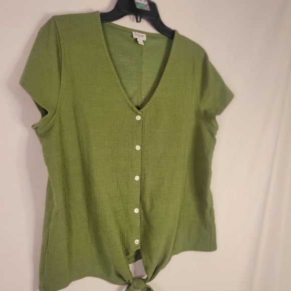 J. CREW Vneck, button, knot tie, short sleeve, womens size large - Picture 1 of 11